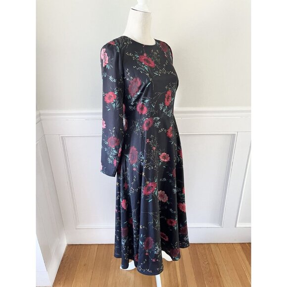 Hobbs Chloe Black Floral Print Long Sleeve Midi Dress Fully Lined Size 6 Excelle - Picture 4 of 8
